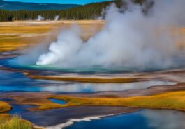 Landschaften des Yellowstone-Nationalparks: Geysire, Flüsse und Wildtiere.