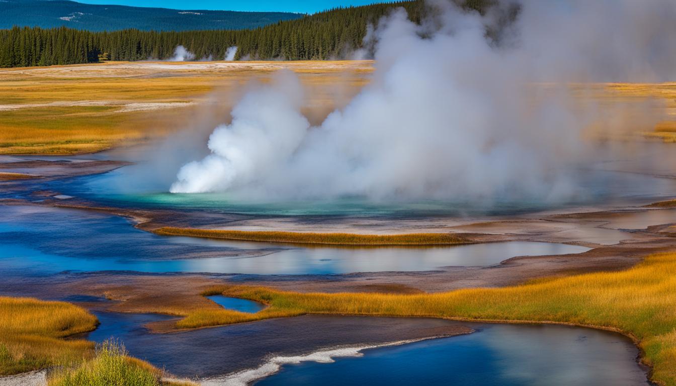 Landschaften des Yellowstone-Nationalparks: Geysire, Flüsse und Wildtiere.